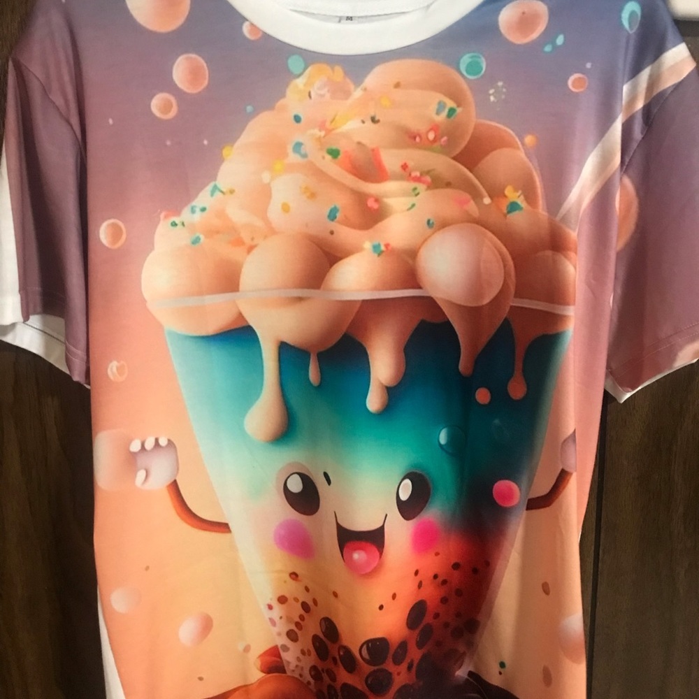 Iced Bobi for the day! fun tee. Cream/multi color